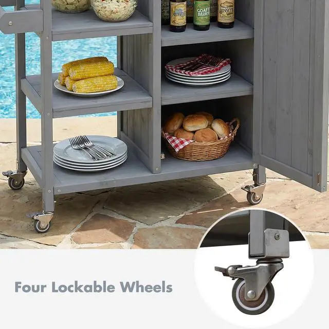 Alt view image 7 of 7 - Foldable Outdoor Kitchen Island Patio Kitchen Island Outdoor Kitchen Cart Portable Prep Station with Lockable Wheels, Storage Cabinet and Towel Rack for Patio and Outdoor, Grey