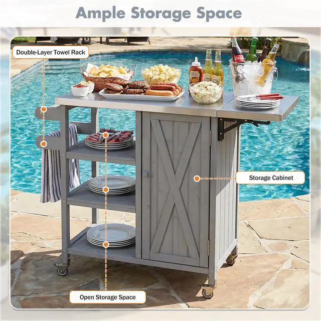Alt view image 6 of 7 - Foldable Outdoor Kitchen Island Patio Kitchen Island Outdoor Kitchen Cart Portable Prep Station with Lockable Wheels, Storage Cabinet and Towel Rack for Patio and Outdoor, Grey