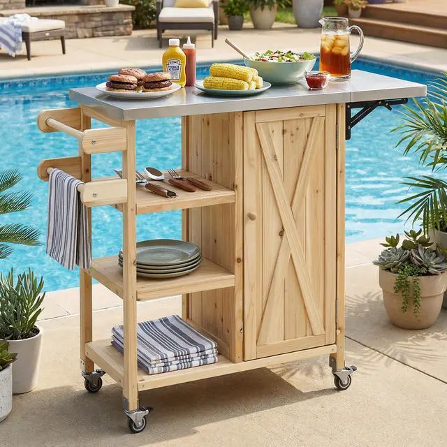 Alt view image 2 of 7 - Foldable Outdoor Kitchen Island Patio Kitchen Island Outdoor Kitchen Cart Portable Prep Station with Lockable Wheels, Storage Cabinet and Towel Rack for Patio and Outdoor, Natural