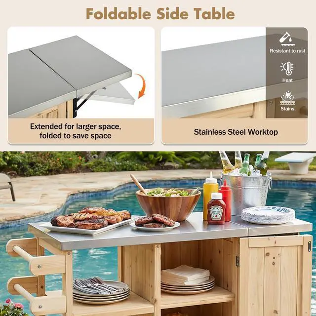 Alt view image 5 of 7 - Foldable Outdoor Kitchen Island Patio Kitchen Island Outdoor Kitchen Cart Portable Prep Station with Lockable Wheels, Storage Cabinet and Towel Rack for Patio and Outdoor, Natural