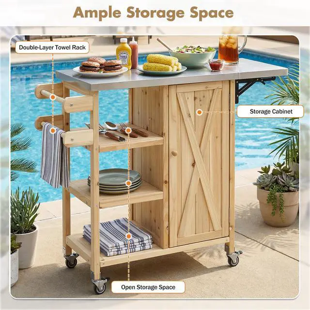 Alt view image 6 of 7 - Foldable Outdoor Kitchen Island Patio Kitchen Island Outdoor Kitchen Cart Portable Prep Station with Lockable Wheels, Storage Cabinet and Towel Rack for Patio and Outdoor, Natural