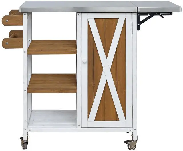 Main image of Foldable Outdoor Kitchen Island Patio Kitchen Island Outdoor Kitchen Cart Portable Prep Station with Lockable Wheels, Storage Cabinet and Towel Rack for Patio and Outdoor, White+Brown