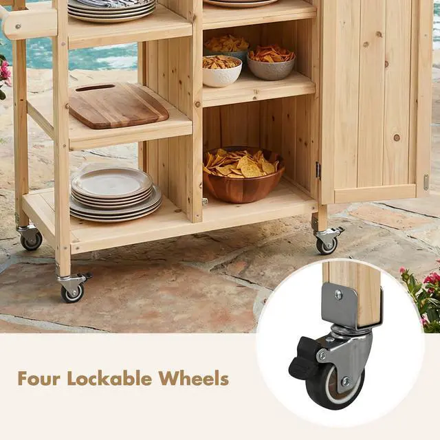 Alt view image 7 of 7 - Foldable Outdoor Kitchen Island Patio Kitchen Island Outdoor Kitchen Cart Portable Prep Station with Lockable Wheels, Storage Cabinet and Towel Rack for Patio and Outdoor, Natural