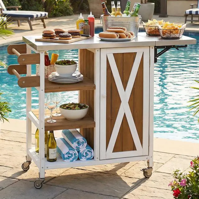 Alt view image 2 of 7 - Foldable Outdoor Kitchen Island Patio Kitchen Island Outdoor Kitchen Cart Portable Prep Station with Lockable Wheels, Storage Cabinet and Towel Rack for Patio and Outdoor, White+Brown