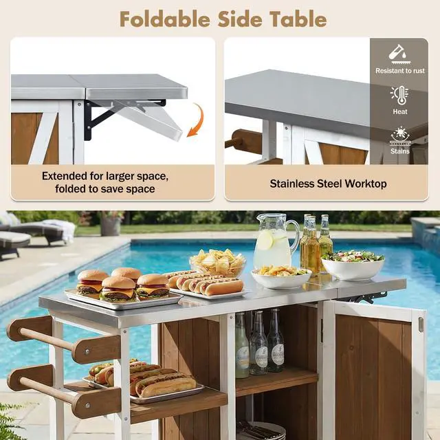 Alt view image 5 of 7 - Foldable Outdoor Kitchen Island Patio Kitchen Island Outdoor Kitchen Cart Portable Prep Station with Lockable Wheels, Storage Cabinet and Towel Rack for Patio and Outdoor, White+Brown