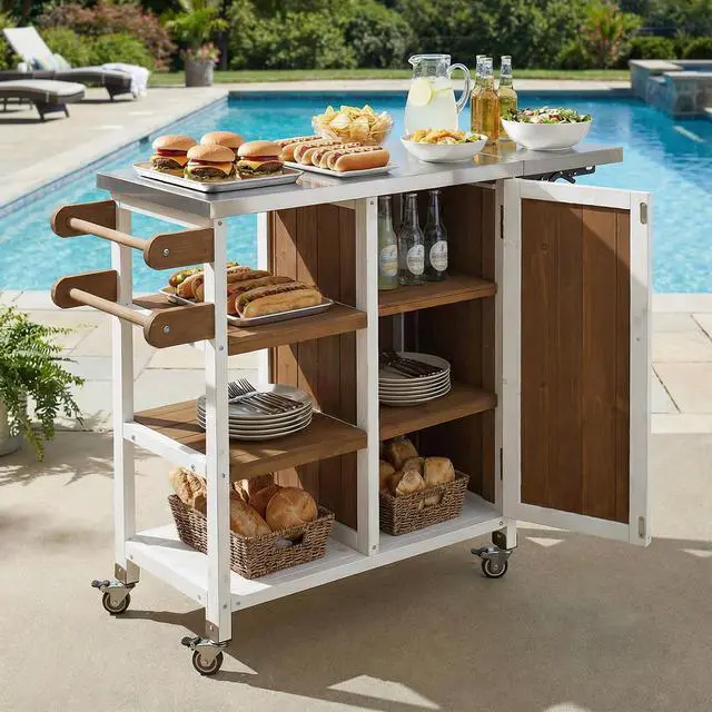 Alt view image 4 of 7 - Foldable Outdoor Kitchen Island Patio Kitchen Island Outdoor Kitchen Cart Portable Prep Station with Lockable Wheels, Storage Cabinet and Towel Rack for Patio and Outdoor, White+Brown