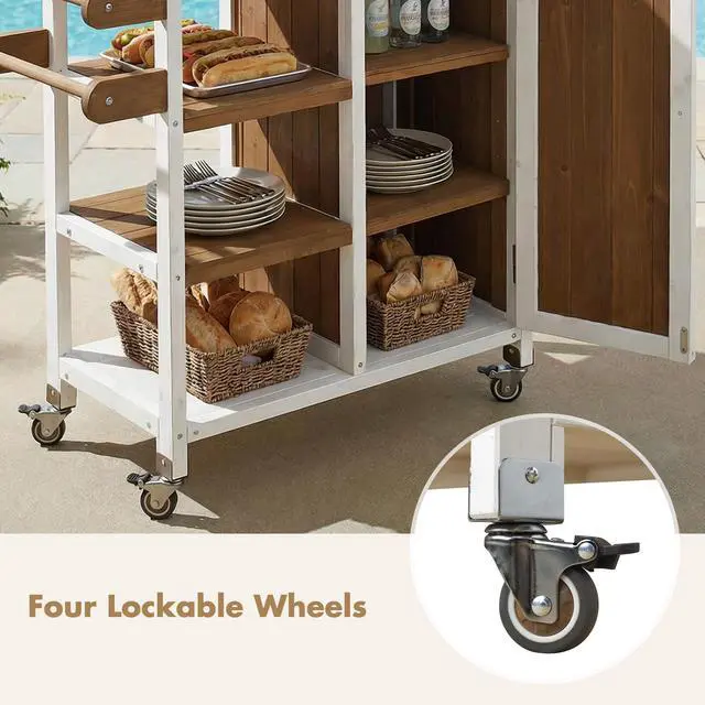 Alt view image 7 of 7 - Foldable Outdoor Kitchen Island Patio Kitchen Island Outdoor Kitchen Cart Portable Prep Station with Lockable Wheels, Storage Cabinet and Towel Rack for Patio and Outdoor, White+Brown