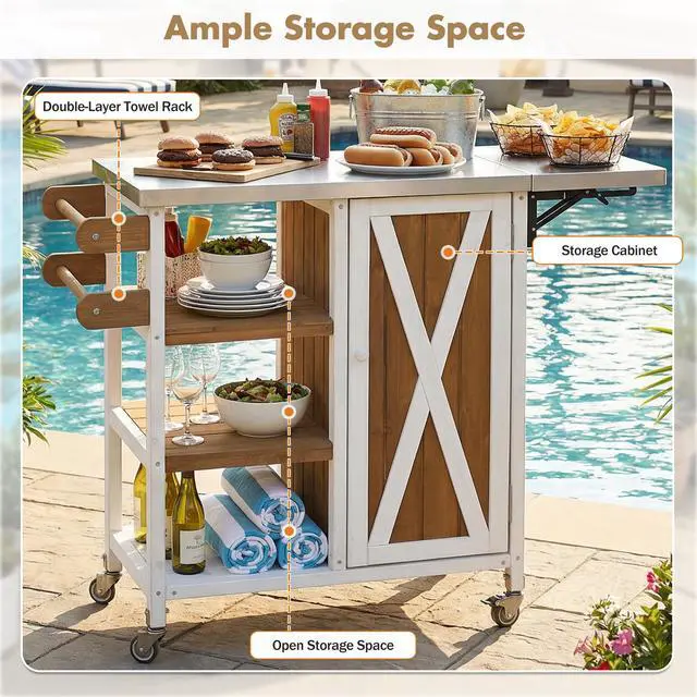 Alt view image 6 of 7 - Foldable Outdoor Kitchen Island Patio Kitchen Island Outdoor Kitchen Cart Portable Prep Station with Lockable Wheels, Storage Cabinet and Towel Rack for Patio and Outdoor, White+Brown