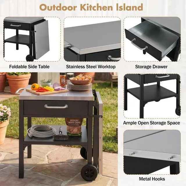 Alt view image 4 of 7 - Outdoor Kitchen Cart Foldable Outdoor Prep Station Portable BBQ Cart Grill Cart with Foldable Top and Storage Space for Backyard, Patio, Black