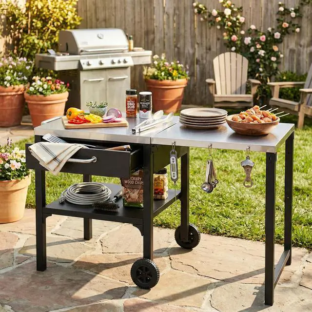 Alt view image 2 of 7 - Outdoor Kitchen Cart Foldable Outdoor Prep Station Portable BBQ Cart Grill Cart with Foldable Top and Storage Space for Backyard, Patio, Black