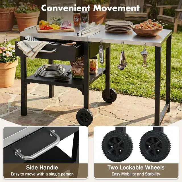 Alt view image 5 of 7 - Outdoor Kitchen Cart Foldable Outdoor Prep Station Portable BBQ Cart Grill Cart with Foldable Top and Storage Space for Backyard, Patio, Black