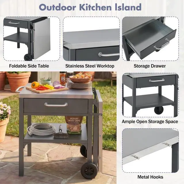 Alt view image 4 of 7 - Outdoor Kitchen Cart Foldable Outdoor Prep Station Portable BBQ Cart Grill Cart with Foldable Top and Storage Space for Backyard, Patio, Gray