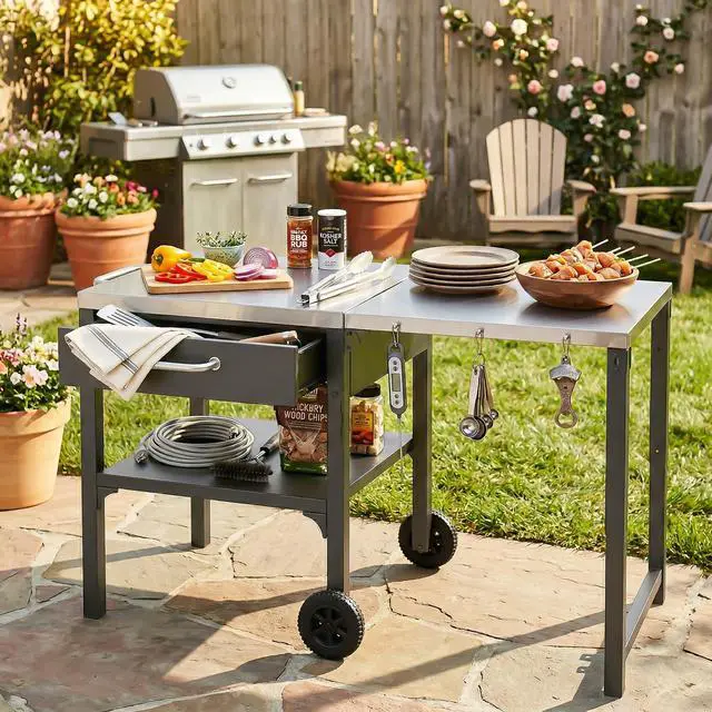 Alt view image 2 of 7 - Outdoor Kitchen Cart Foldable Outdoor Prep Station Portable BBQ Cart Grill Cart with Foldable Top and Storage Space for Backyard, Patio, Gray