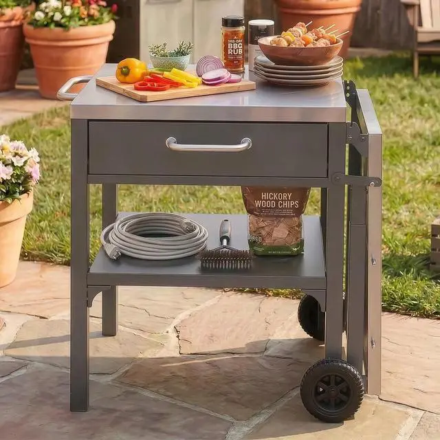 Alt view image 7 of 7 - Outdoor Kitchen Cart Foldable Outdoor Prep Station Portable BBQ Cart Grill Cart with Foldable Top and Storage Space for Backyard, Patio, Gray