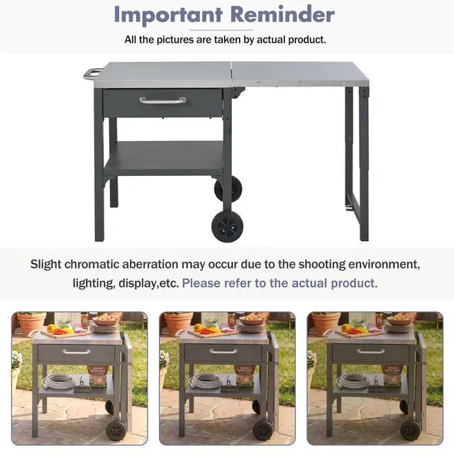 Alt view image 6 of 7 - Outdoor Kitchen Cart Foldable Outdoor Prep Station Portable BBQ Cart Grill Cart with Foldable Top and Storage Space for Backyard, Patio, Gray