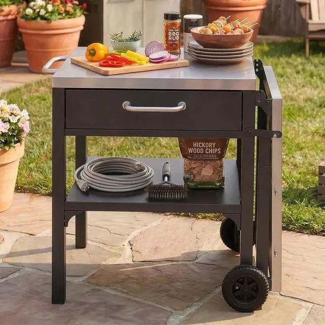 Alt view image 7 of 7 - Outdoor Kitchen Cart Foldable Outdoor Prep Station Portable BBQ Cart Grill Cart with Foldable Top and Storage Space for Backyard, Patio, Black