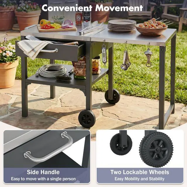 Alt view image 5 of 7 - Outdoor Kitchen Cart Foldable Outdoor Prep Station Portable BBQ Cart Grill Cart with Foldable Top and Storage Space for Backyard, Patio, Gray