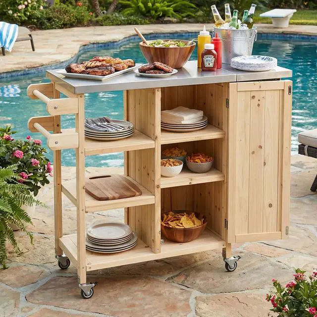 Alt view image 4 of 7 - Foldable Outdoor Kitchen Island Patio Kitchen Island Outdoor Kitchen Cart Portable Prep Station with Lockable Wheels, Storage Cabinet and Towel Rack for Patio and Outdoor, Natural