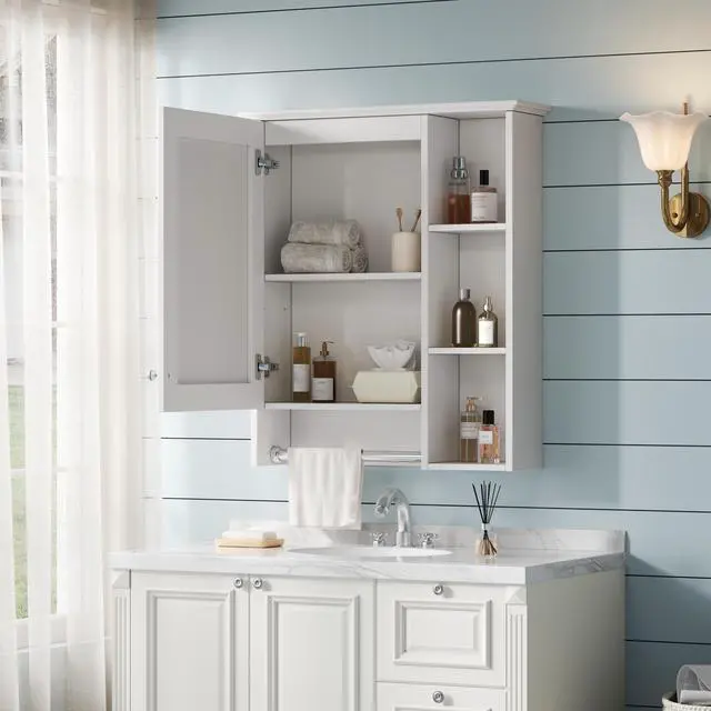 Alt view image 6 of 7 - 3-in-1 Bathroom Mirror Cabinet, 24-inch Wall Mounted Medicine Cabinet with Adjustable Shelf & Tower Bar, High-Definition Mirror with Storage for Bathroom Vanity