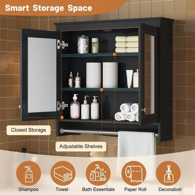 Alt view image 7 of 7 - 3-in-1 Bathroom Mirror Cabinet, 30 inch Wall Mounted Medicine Cabinet with Adjustable Shelves & Soft Close Doors, High-Define Mirror with Storage for Bathroom Vanity
