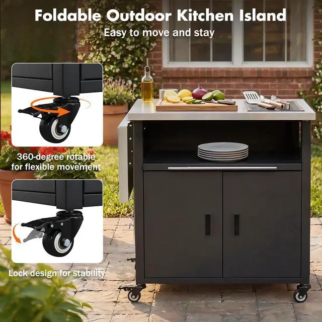 Alt view image 6 of 7 - Foldable Outdoor Prep Station BBQ Cart Patio Dining Cart Foldable Outdoor Kitchen Island Grill Cart with Trash Rack, Foldable Top and Storage Space for Backyard, Patio, Black