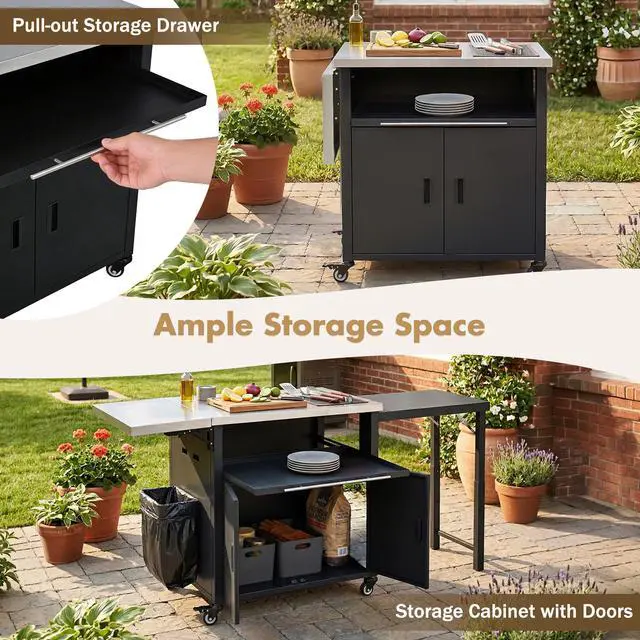 Alt view image 4 of 7 - Foldable Outdoor Prep Station BBQ Cart Patio Dining Cart Foldable Outdoor Kitchen Island Grill Cart with Trash Rack, Foldable Top and Storage Space for Backyard, Patio, Black