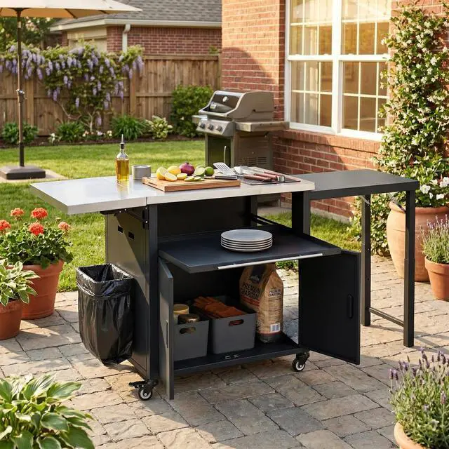 Alt view image 2 of 7 - Foldable Outdoor Prep Station BBQ Cart Patio Dining Cart Foldable Outdoor Kitchen Island Grill Cart with Trash Rack, Foldable Top and Storage Space for Backyard, Patio, Black
