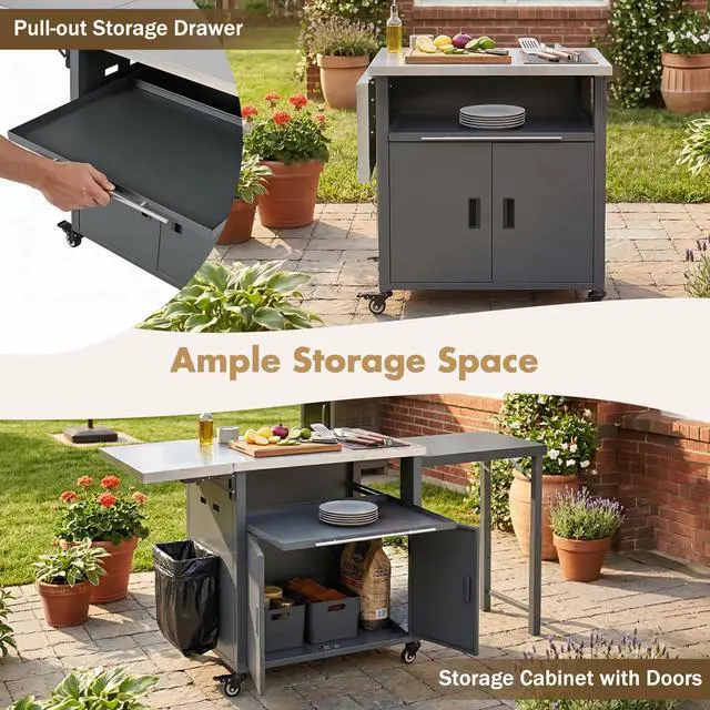 Alt view image 4 of 7 - Foldable Outdoor Prep Station BBQ Cart Patio Dining Cart Foldable Outdoor Kitchen Island Grill Cart with Trash Rack, Foldable Top and Storage Space for Backyard, Patio, Gray