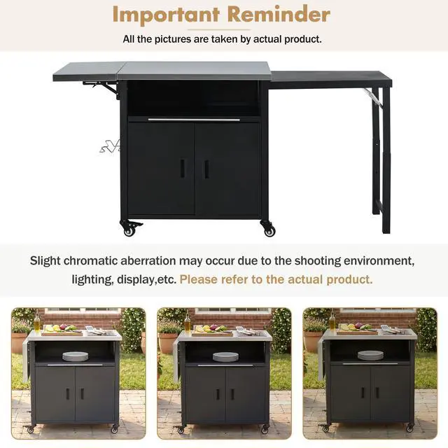 Alt view image 7 of 7 - Foldable Outdoor Prep Station BBQ Cart Patio Dining Cart Foldable Outdoor Kitchen Island Grill Cart with Trash Rack, Foldable Top and Storage Space for Backyard, Patio, Black