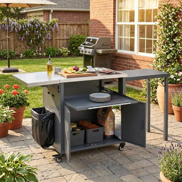 Alt view image 2 of 7 - Foldable Outdoor Prep Station BBQ Cart Patio Dining Cart Foldable Outdoor Kitchen Island Grill Cart with Trash Rack, Foldable Top and Storage Space for Backyard, Patio, Gray