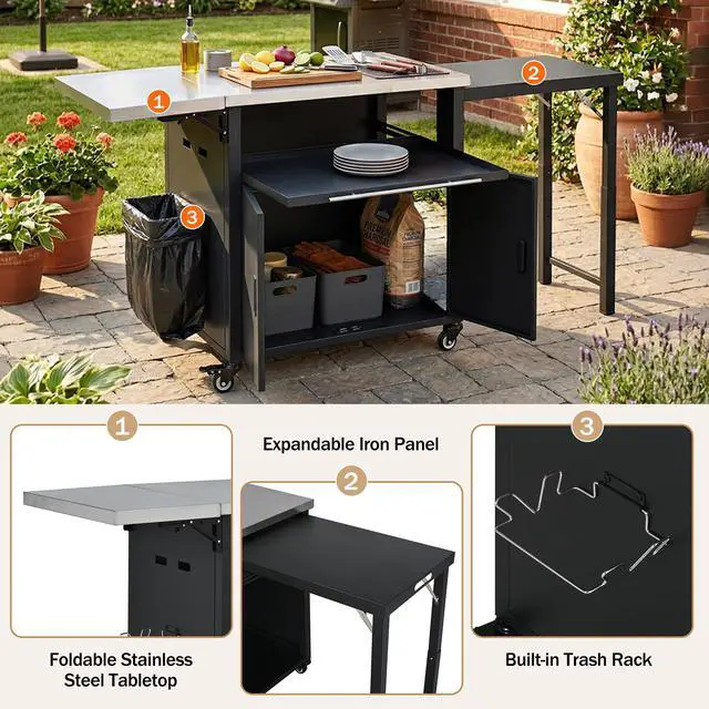 Alt view image 5 of 7 - Foldable Outdoor Prep Station BBQ Cart Patio Dining Cart Foldable Outdoor Kitchen Island Grill Cart with Trash Rack, Foldable Top and Storage Space for Backyard, Patio, Black