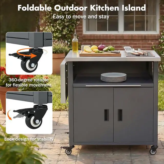 Alt view image 6 of 7 - Foldable Outdoor Prep Station BBQ Cart Patio Dining Cart Foldable Outdoor Kitchen Island Grill Cart with Trash Rack, Foldable Top and Storage Space for Backyard, Patio, Gray