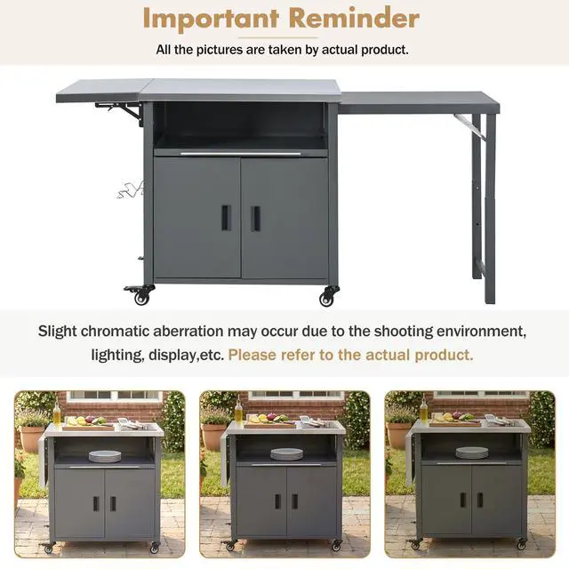 Alt view image 7 of 7 - Foldable Outdoor Prep Station BBQ Cart Patio Dining Cart Foldable Outdoor Kitchen Island Grill Cart with Trash Rack, Foldable Top and Storage Space for Backyard, Patio, Gray