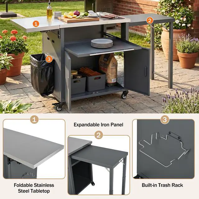 Alt view image 5 of 7 - Foldable Outdoor Prep Station BBQ Cart Patio Dining Cart Foldable Outdoor Kitchen Island Grill Cart with Trash Rack, Foldable Top and Storage Space for Backyard, Patio, Gray