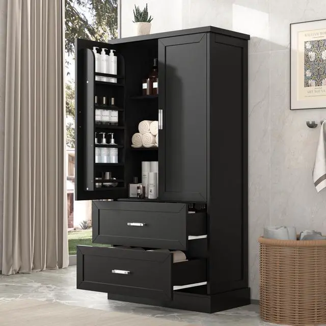 Alt view image 2 of 7 - Tall Bathroom Storage Cabinet, Cabinet with Two Doors and Drawers, Adjustable Shelf, MDF Board, Black