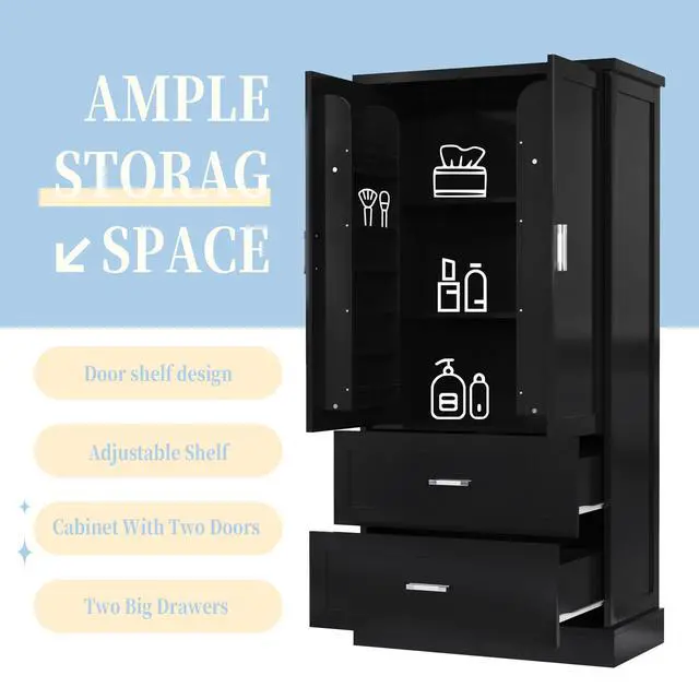 Alt view image 6 of 7 - Tall Bathroom Storage Cabinet, Cabinet with Two Doors and Drawers, Adjustable Shelf, MDF Board, Black