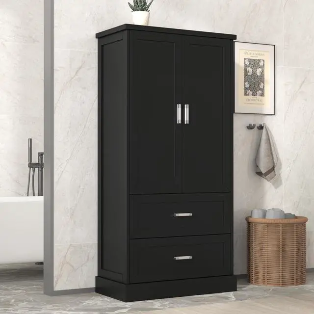 Alt view image 5 of 7 - Tall Bathroom Storage Cabinet, Cabinet with Two Doors and Drawers, Adjustable Shelf, MDF Board, Black