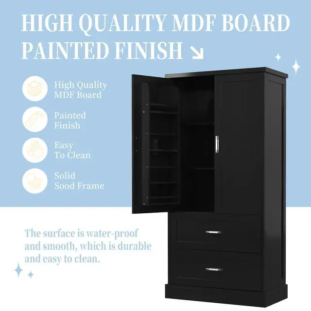 Alt view image 7 of 7 - Tall Bathroom Storage Cabinet, Cabinet with Two Doors and Drawers, Adjustable Shelf, MDF Board, Black