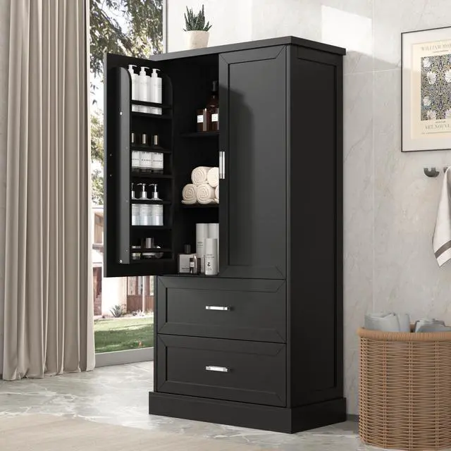 Alt view image 4 of 7 - Tall Bathroom Storage Cabinet, Cabinet with Two Doors and Drawers, Adjustable Shelf, MDF Board, Black
