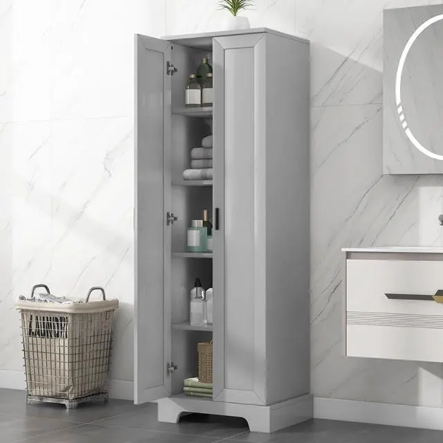 Alt view image 2 of 7 - Storage Cabinet with Two Doors for Bathroom, Office, Adjustable Shelf, MDF Board, Grey