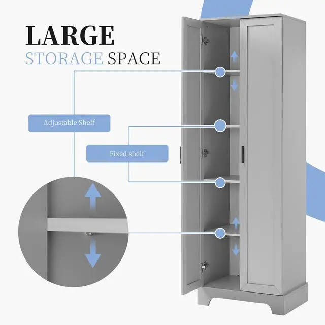 Alt view image 6 of 7 - Storage Cabinet with Two Doors for Bathroom, Office, Adjustable Shelf, MDF Board, Grey