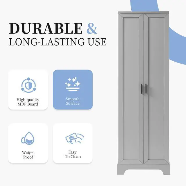 Alt view image 7 of 7 - Storage Cabinet with Two Doors for Bathroom, Office, Adjustable Shelf, MDF Board, Grey