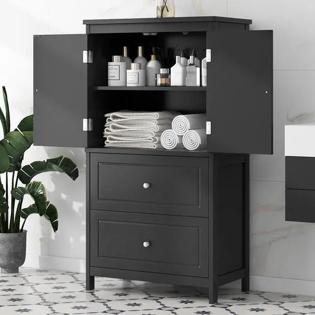 Alt view image 2 of 7 - Bathroom Storage Cabinet, Cabinet with Two Doors and Drawers, Adjustable Shelf, MDF Board, Black