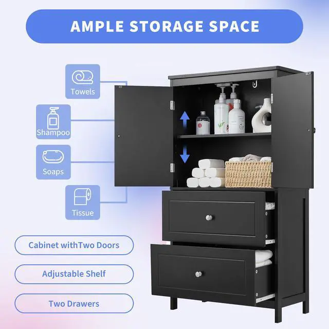 Alt view image 6 of 7 - Bathroom Storage Cabinet, Cabinet with Two Doors and Drawers, Adjustable Shelf, MDF Board, Black