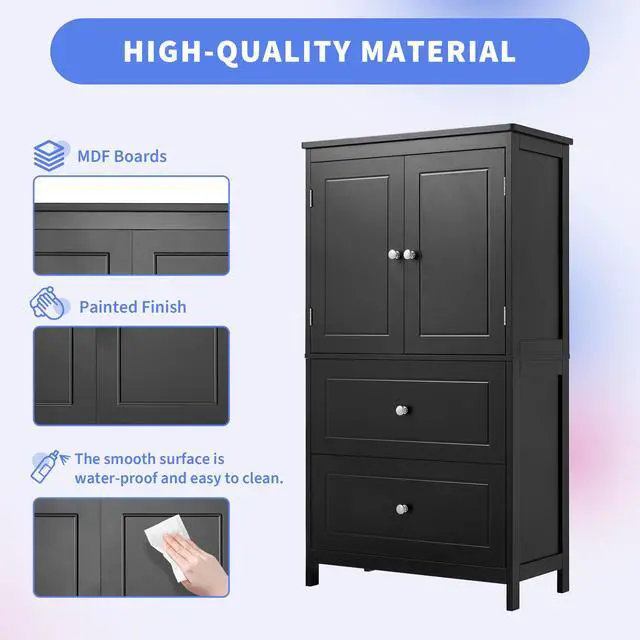 Alt view image 7 of 7 - Bathroom Storage Cabinet, Cabinet with Two Doors and Drawers, Adjustable Shelf, MDF Board, Black