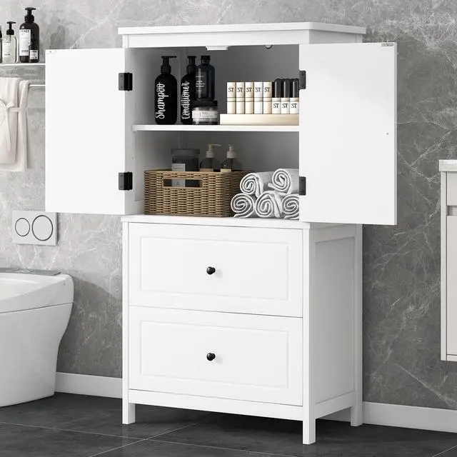 Alt view image 2 of 7 - Bathroom Storage Cabinet, Cabinet with Two Doors and Drawers, Adjustable Shelf, MDF Board, White