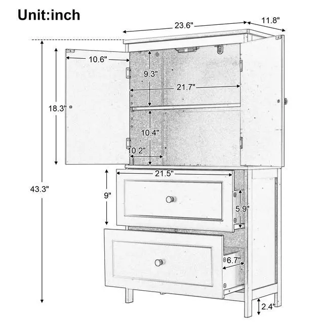 Alt view image 3 of 7 - Bathroom Storage Cabinet, Cabinet with Two Doors and Drawers, Adjustable Shelf, MDF Board, Black