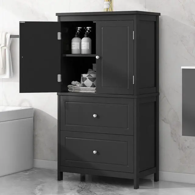 Alt view image 5 of 7 - Bathroom Storage Cabinet, Cabinet with Two Doors and Drawers, Adjustable Shelf, MDF Board, Black