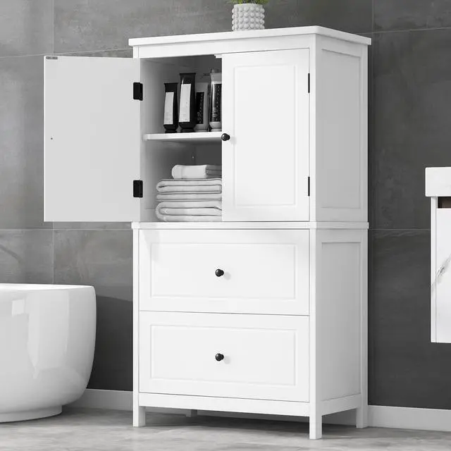 Alt view image 4 of 7 - Bathroom Storage Cabinet, Cabinet with Two Doors and Drawers, Adjustable Shelf, MDF Board, White