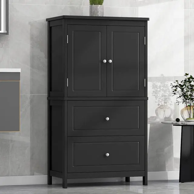 Alt view image 4 of 7 - Bathroom Storage Cabinet, Cabinet with Two Doors and Drawers, Adjustable Shelf, MDF Board, Black